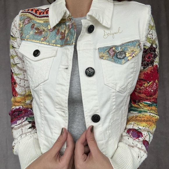Floral Knit Sleeve White Denim Jacket by Desigual. - Size 36 / Small, Colorful! - Picture 6 of 8